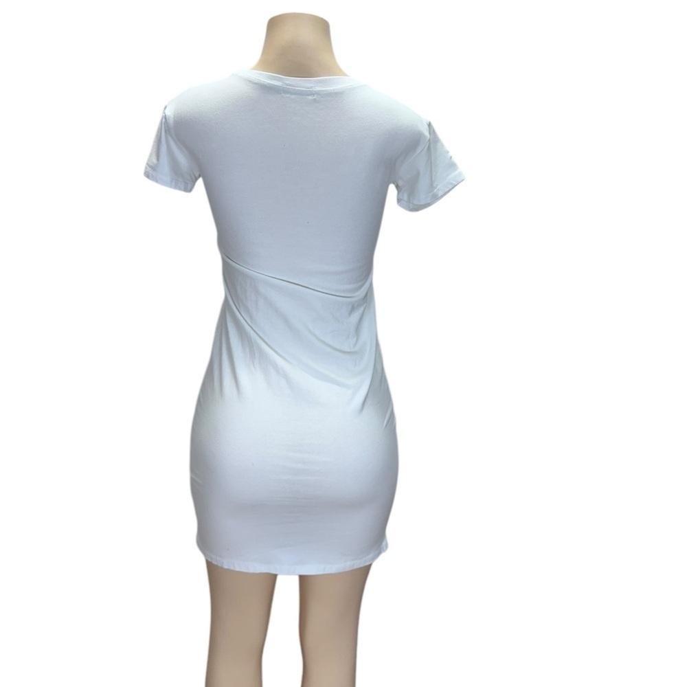 Buzz. White and Blue Bodycon Mini Dress with Crew Neck - Picture 2 of 9